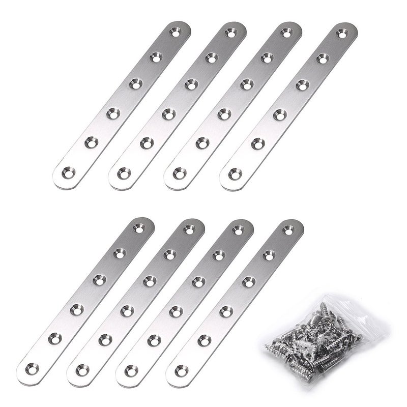 Sumnacon 8 Pcs Stainless Steel Flat Plates - 6 Inch Heavy Duty Mending Plate Straight Corner Brace Brackets Connector Furniture Repair Fixing Joint with Screws, Silver - Image 1